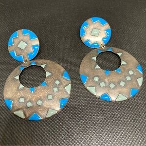 Vintage Southwest Style Metal & Enamel Drop Earrings